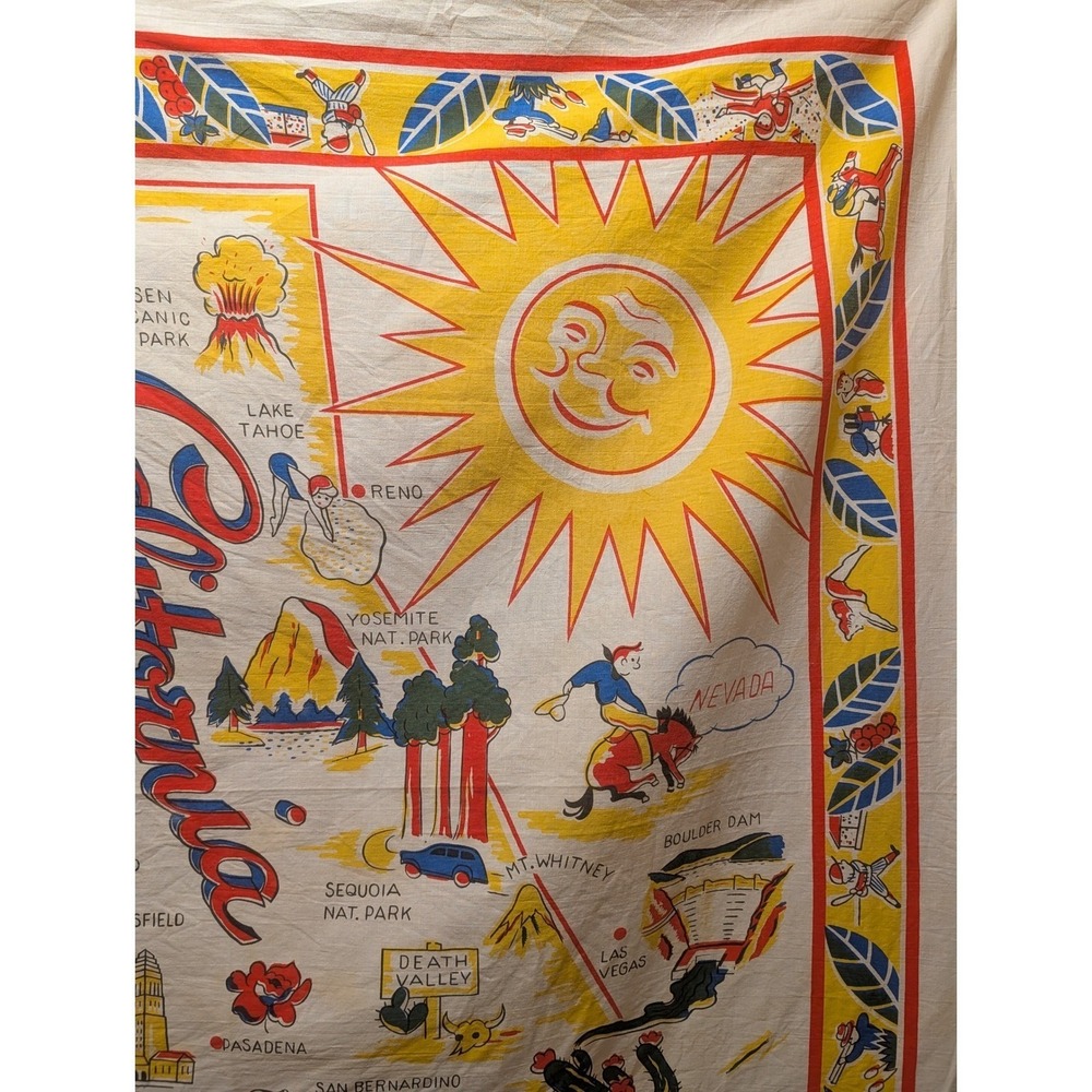 Vintage California Map Souvenir Linen Tablecloth Bandana‎ Tourist Kitsch - Picture 9 of 11